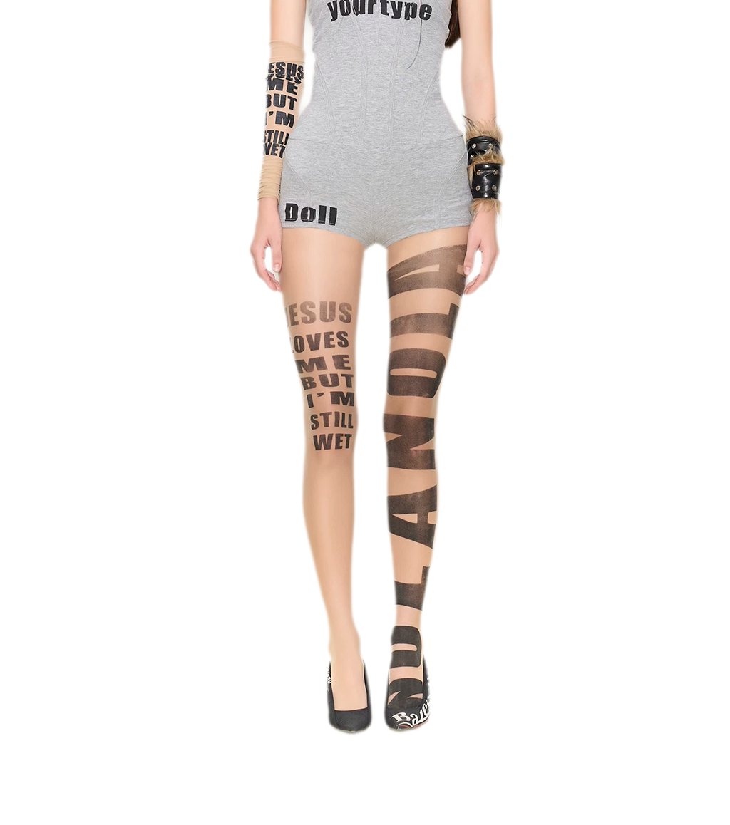 NOLA Sheer Letter Print Tights – 10D Seamless Nude Pantyhose