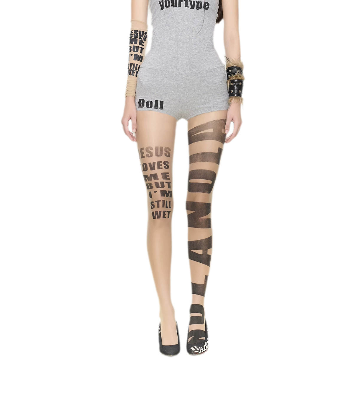 NOLA Sheer Letter Print Tights – 10D Seamless Nude Pantyhose