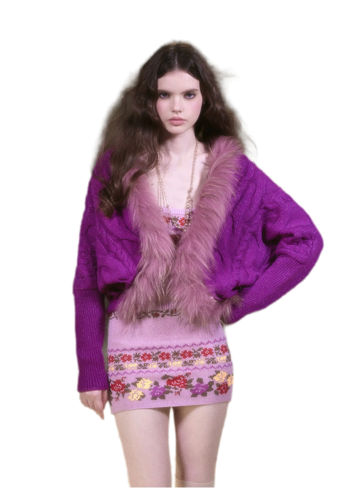 Retro Cable Knit Batwing Wool Cardigan with Fur Trim