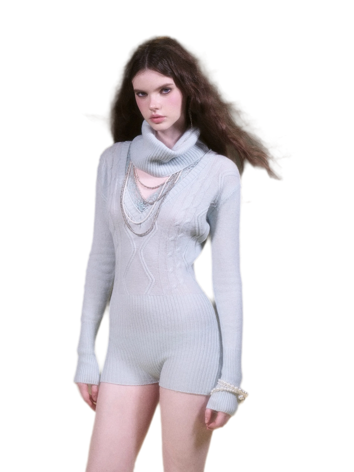 Merino Wool Fitted Bodysuit with Lace Neckline & Neck Warmer