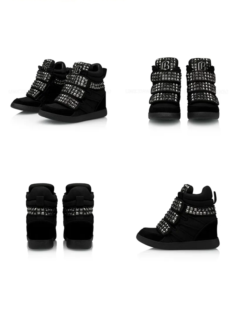 Rivet Platform High-Top Sneakers – Punk Denim & Suede Hidden Heel Sneakers