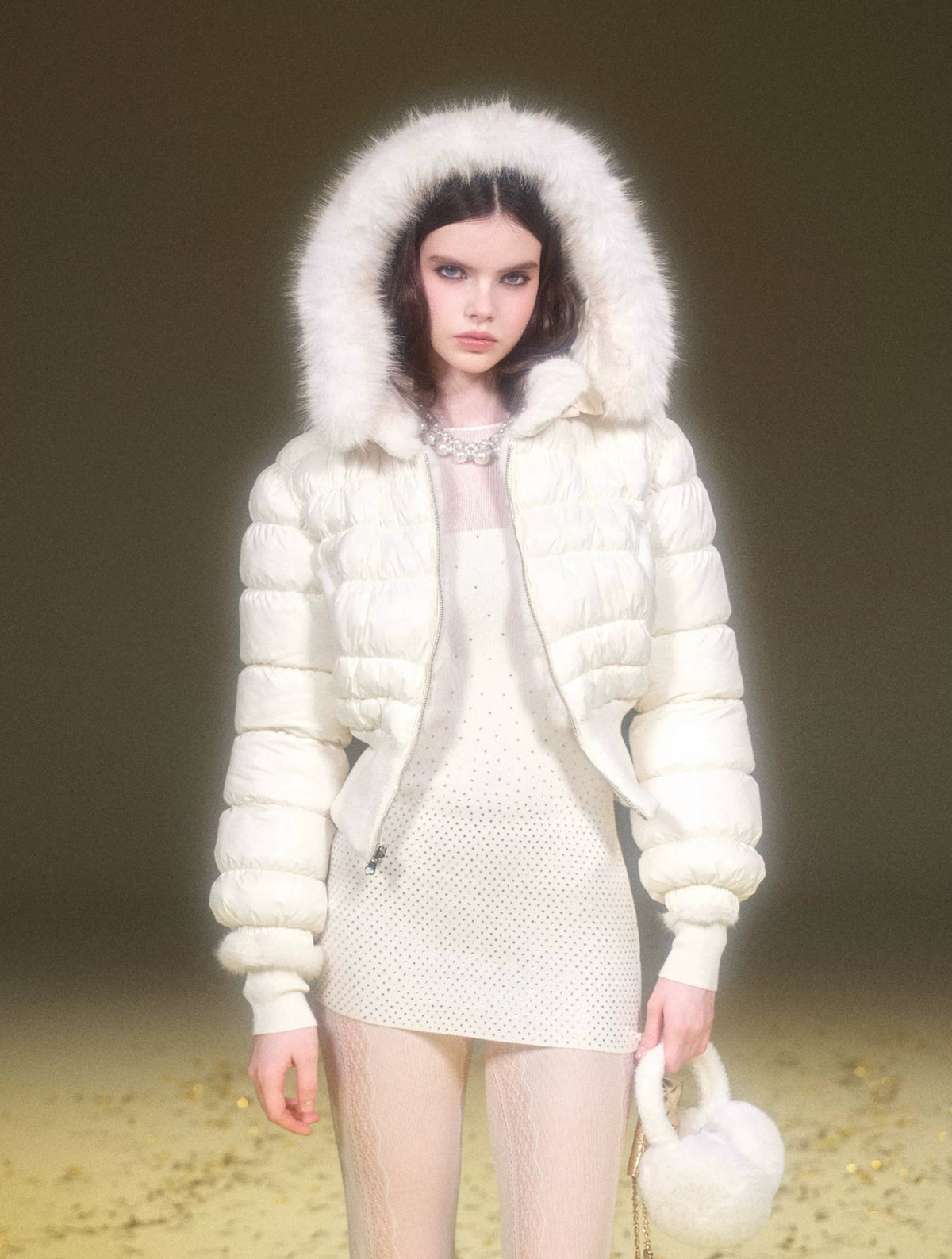 White Reversible Faux Fur Cropped Puffer Jacket with Hood