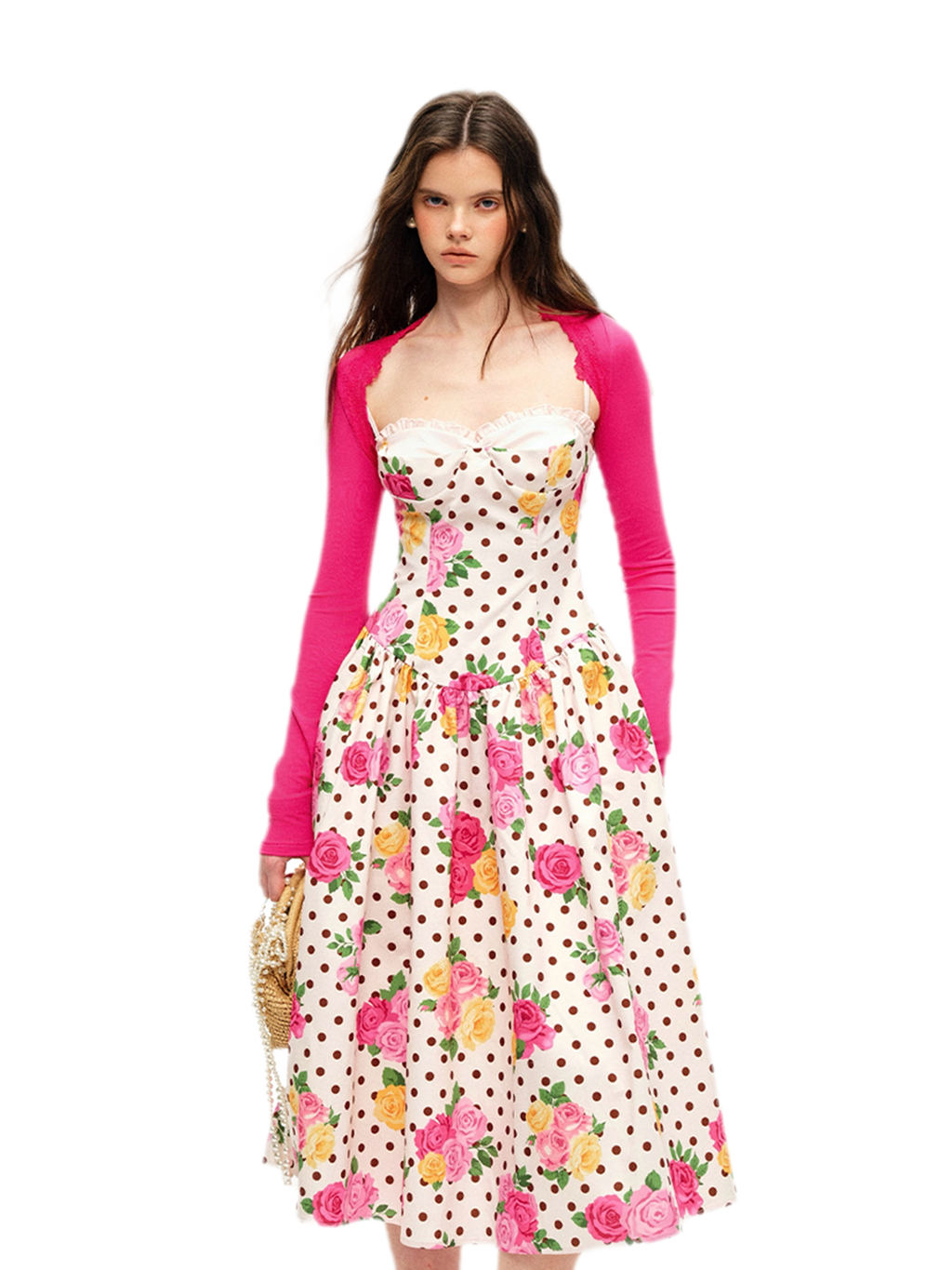 Retro French Polka Dot Rose Lyocell Midi Dress with Bustier Bodice