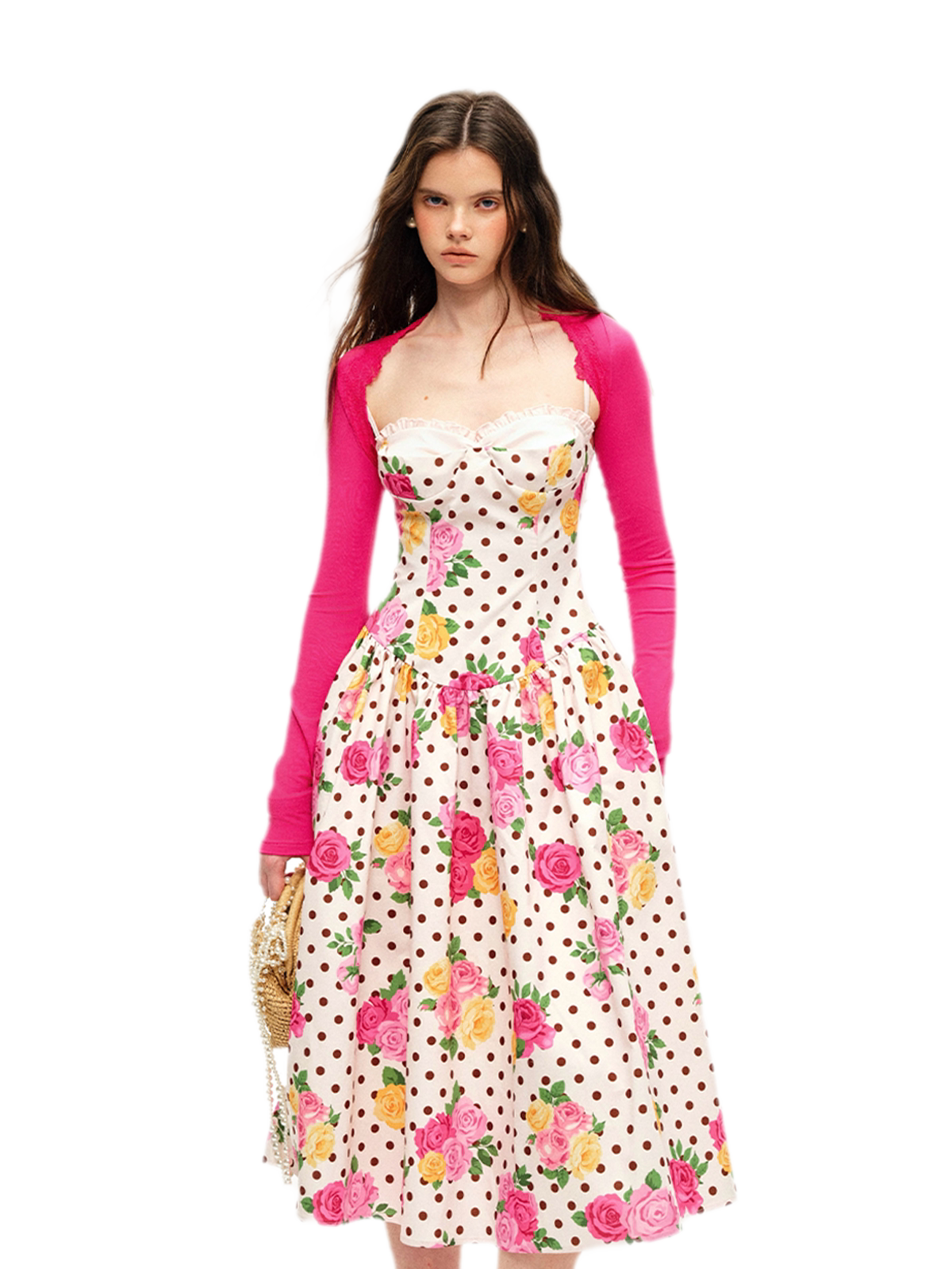 Retro French Polka Dot Rose Lyocell Midi Dress with Bustier Bodice