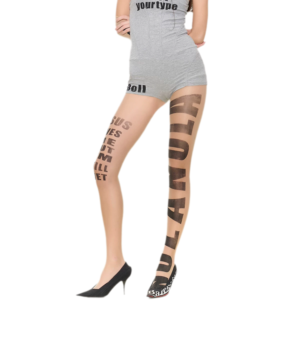 NOLA Sheer Letter Print Tights – 10D Seamless Nude Pantyhose