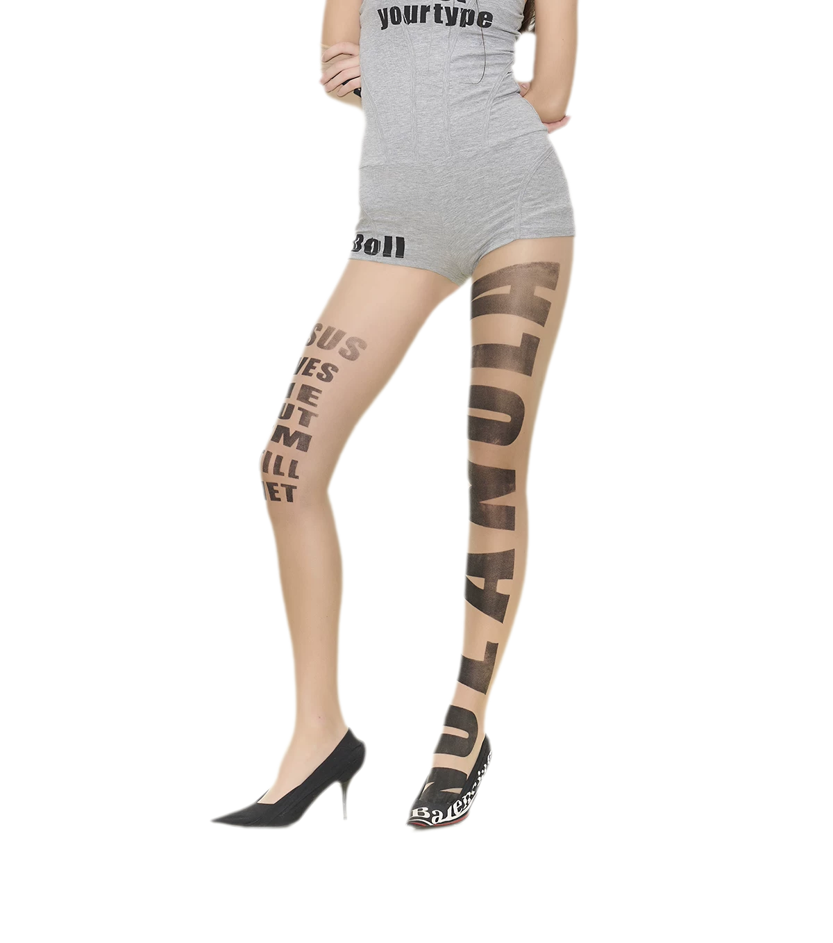 NOLA Sheer Letter Print Tights – 10D Seamless Nude Pantyhose