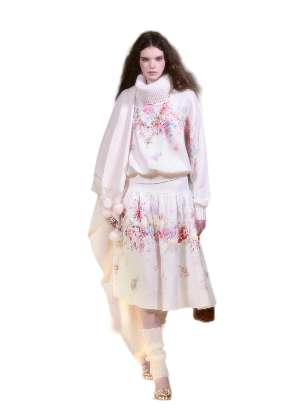 Vintage Floral Print Knit Sweater & Lyocell Skirt Set