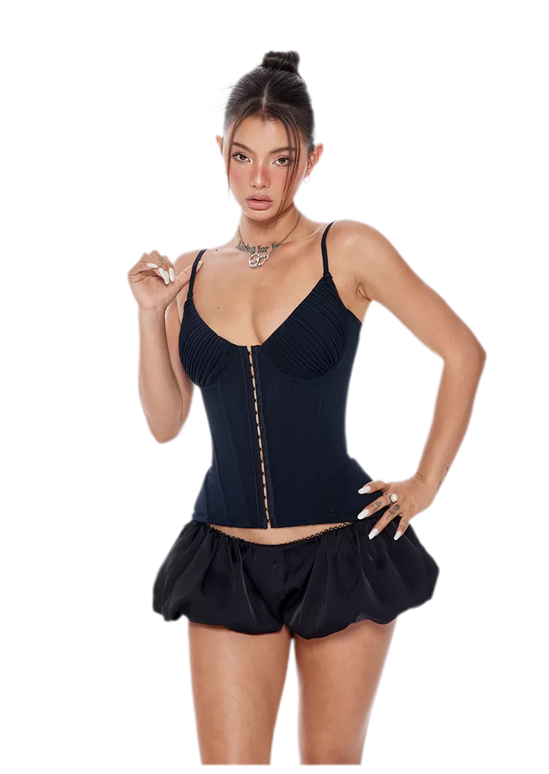 Mesh Corset Crop Bustier – Double-Layer Boned Lace-Up Camisole Top