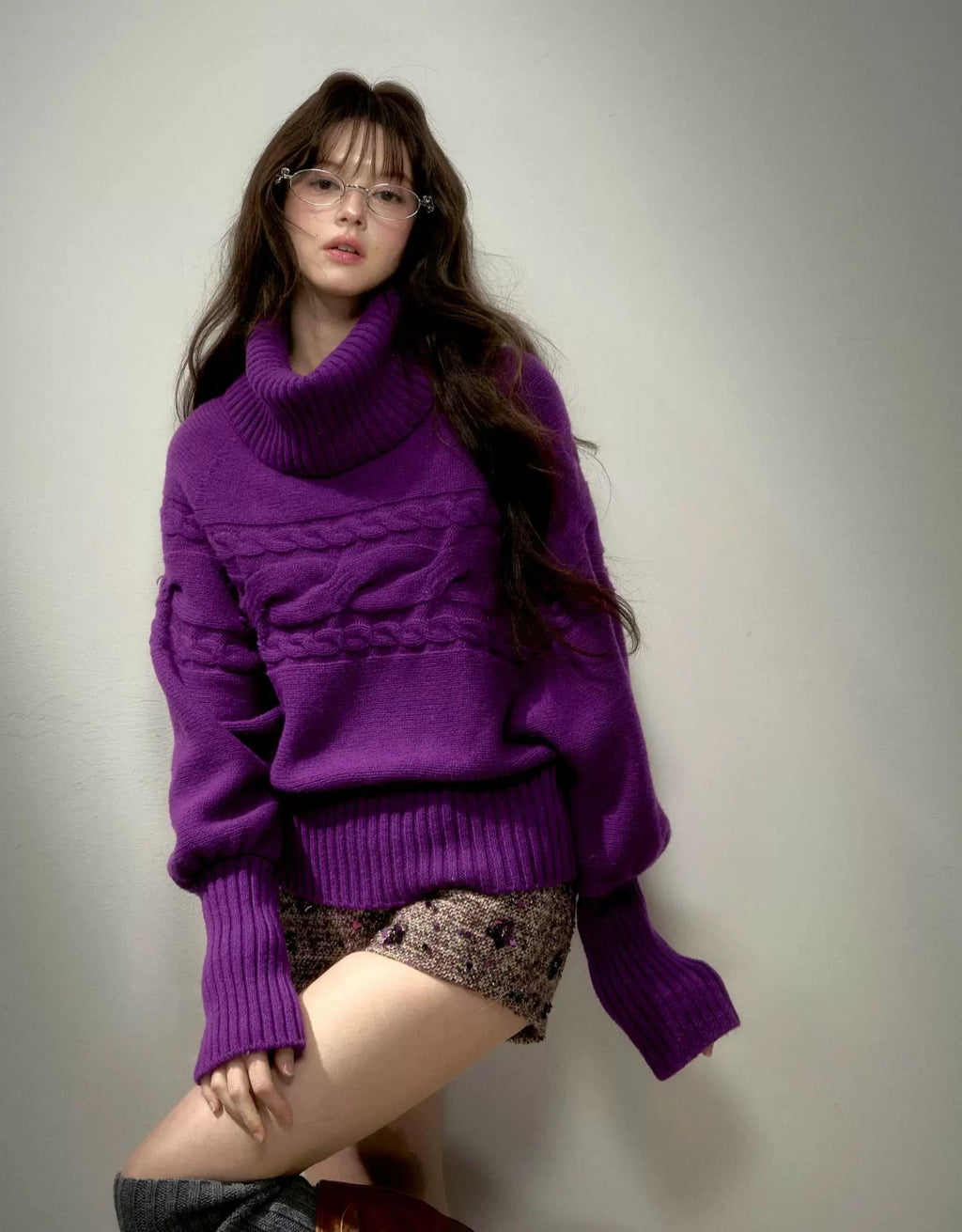 Cable Knit Relaxed Wool Turtleneck Sweater with Detachable Scarf Collar