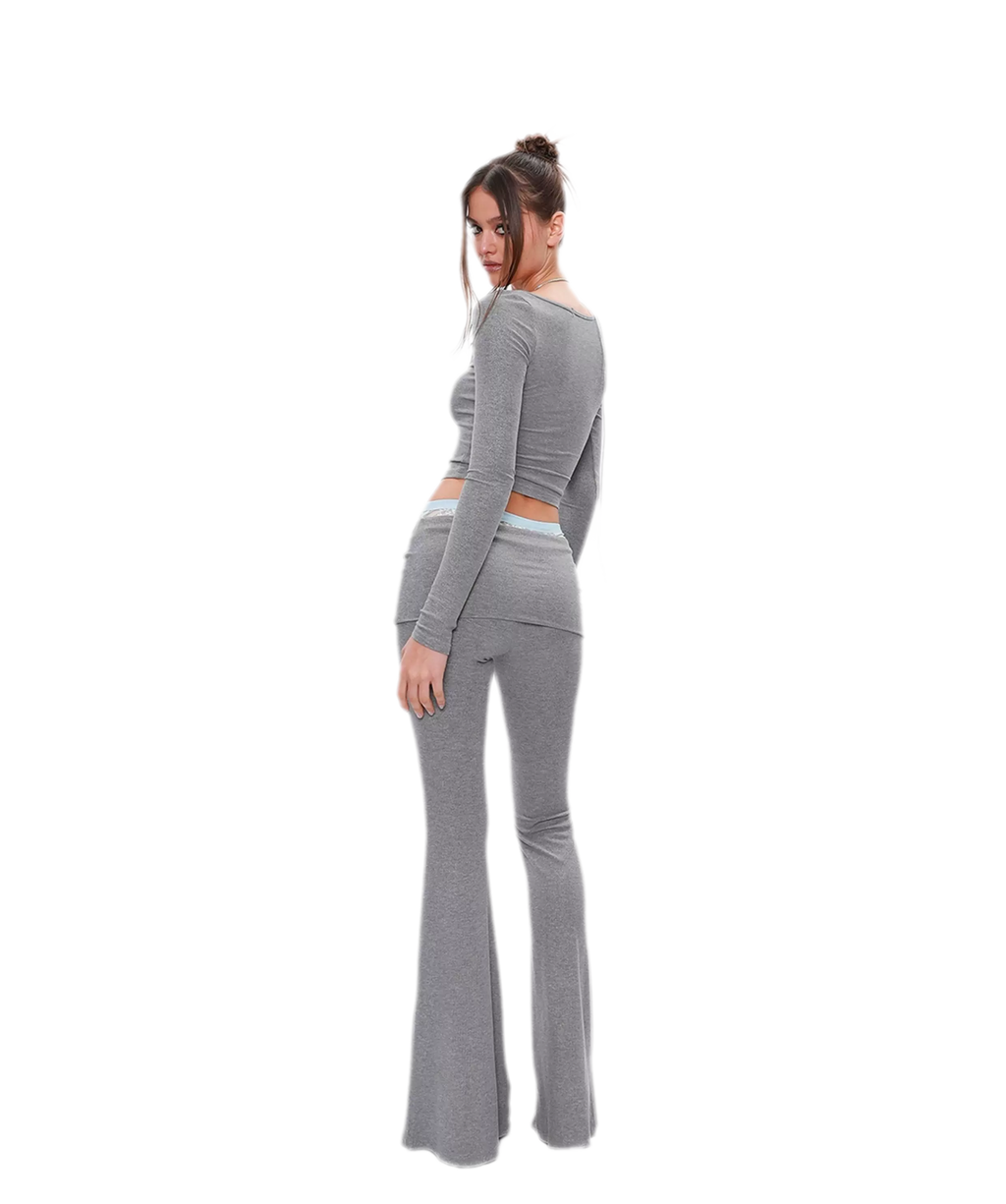 NOLA Lace Cutout Stretch Knit Set – Lace Trim Top, Cami, Shorts and Flared Pants
