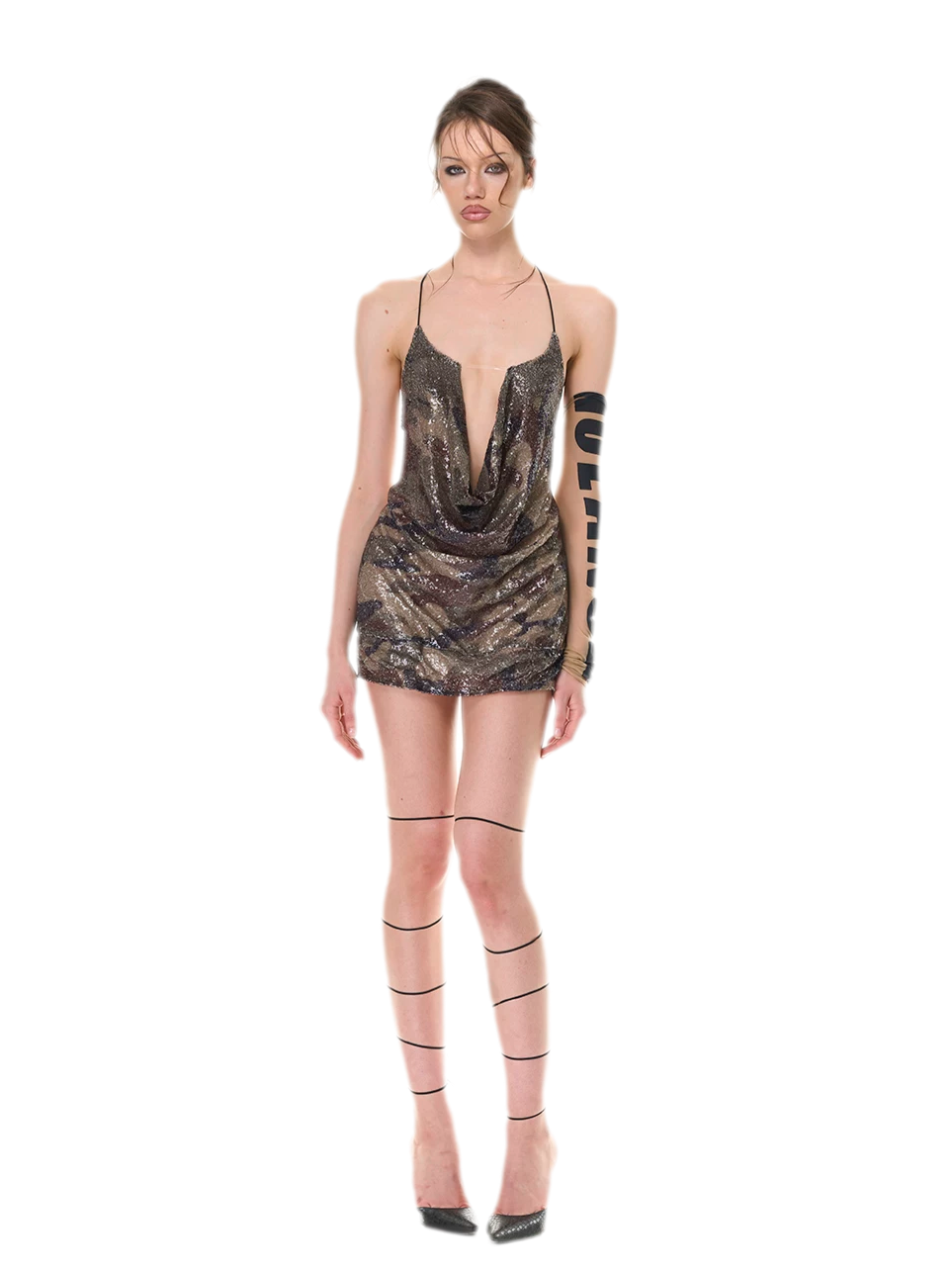 NOLA Camouflage Sequin Halter Mini Dress – Deep V Open Back Tie Dress