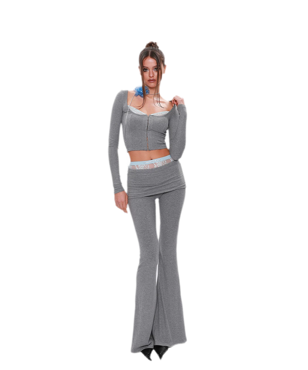 NOLA Lace Cutout Stretch Knit Set – Lace Trim Top, Cami, Shorts and Flared Pants