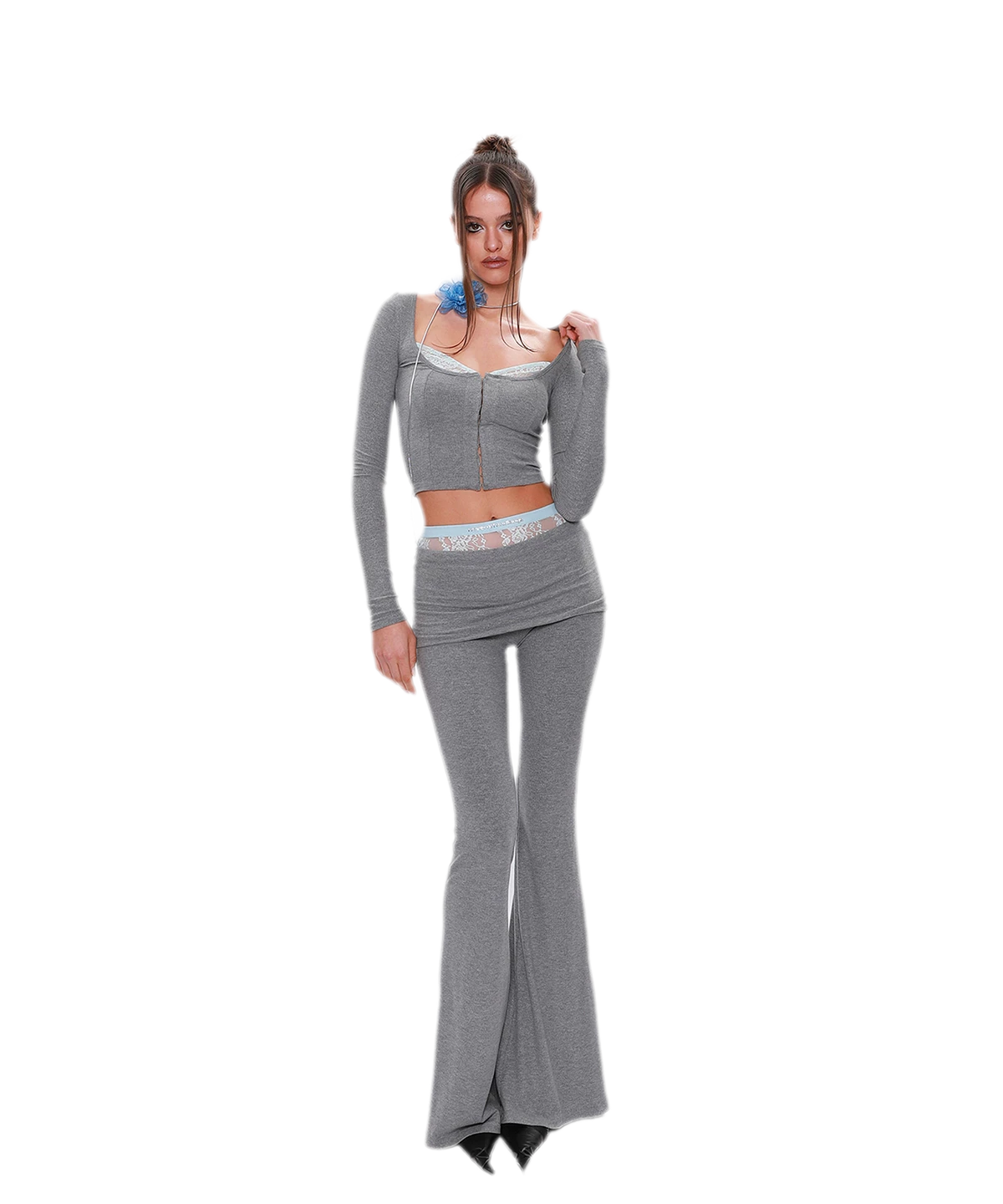 NOLA Lace Cutout Stretch Knit Set – Lace Trim Top, Cami, Shorts and Flared Pants