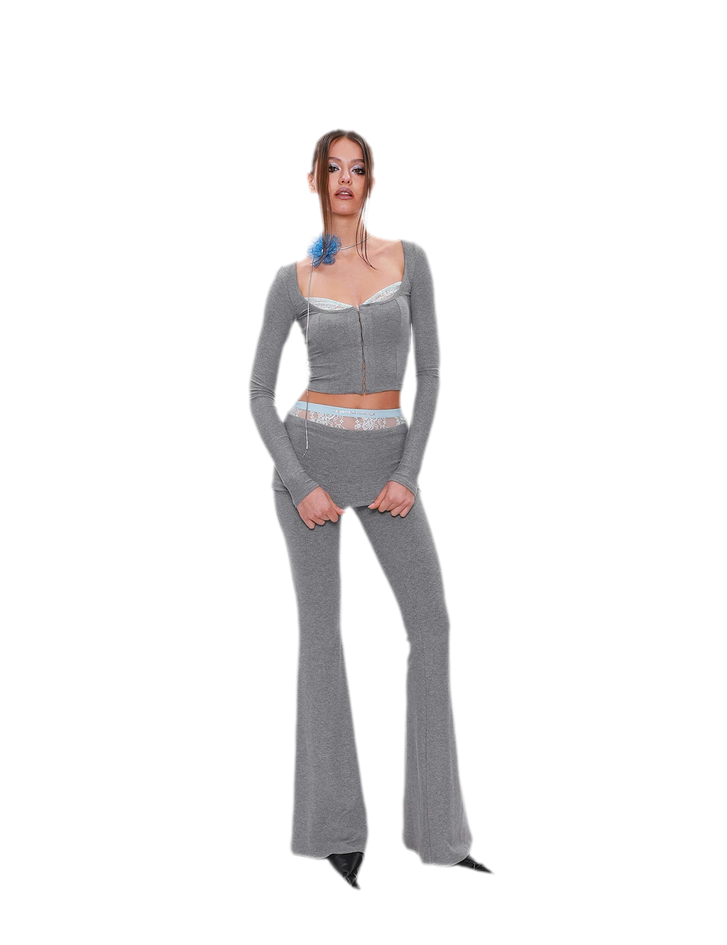 NOLA Lace Cutout Stretch Knit Set – Lace Trim Top, Cami, Shorts and Flared Pants