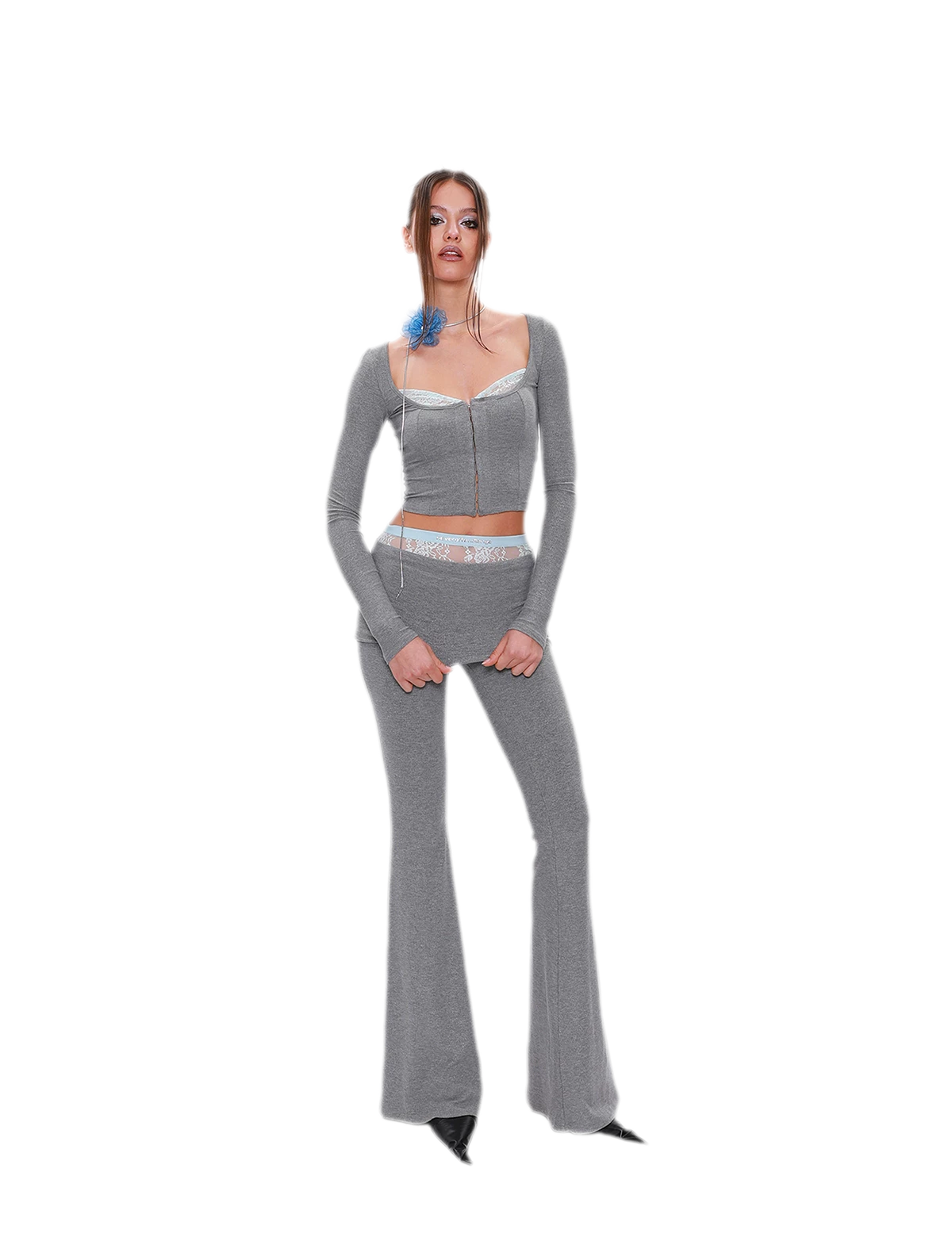 NOLA Lace Cutout Stretch Knit Set – Lace Trim Top, Cami, Shorts and Flared Pants