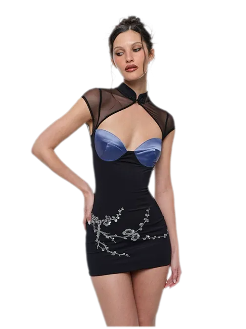 BUM STUDIO Embroidered Cheongsam Mini Dress – Black Mesh Bodycon Qipao