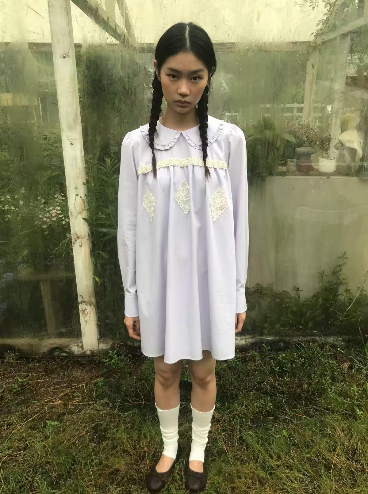 Lavender Peter Pan collar babydoll dress with lace trim
