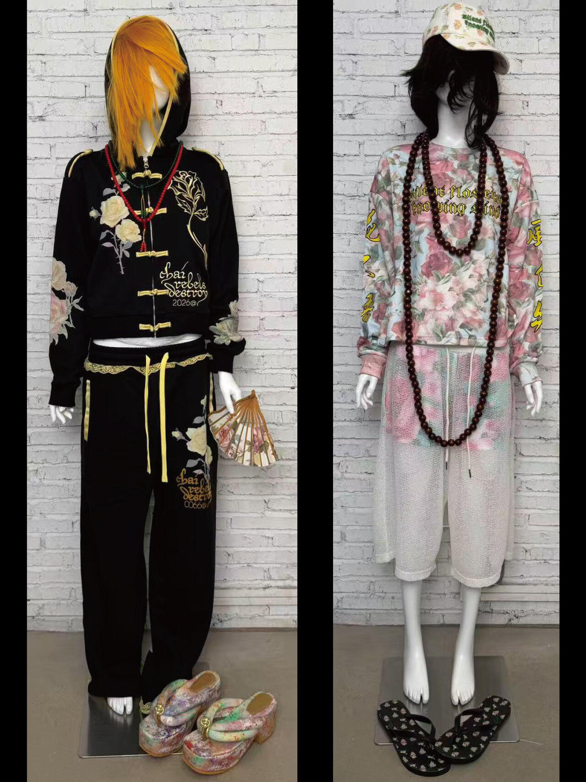 Black floral embroidered sweatpants with Chai Rebels Destroy graphic