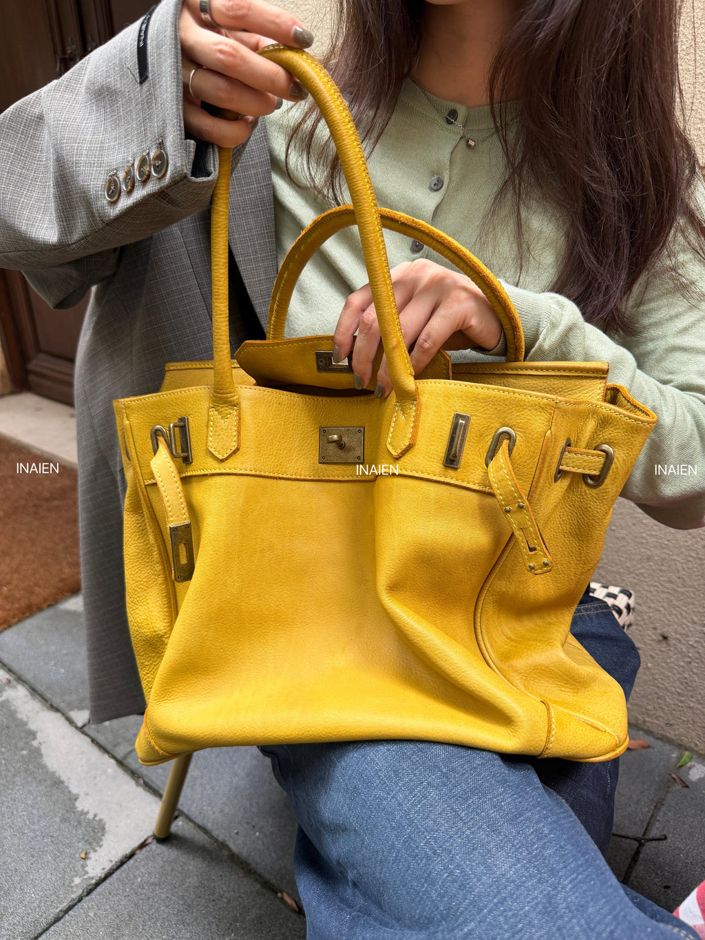 INAIEN Yellow Water-Dyed Calfskin Vintage Tote Bag