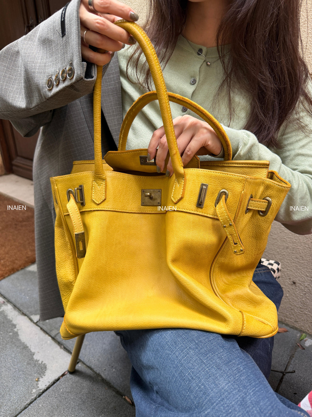 INAIEN Yellow Water-Dyed Calfskin Vintage Tote Bag