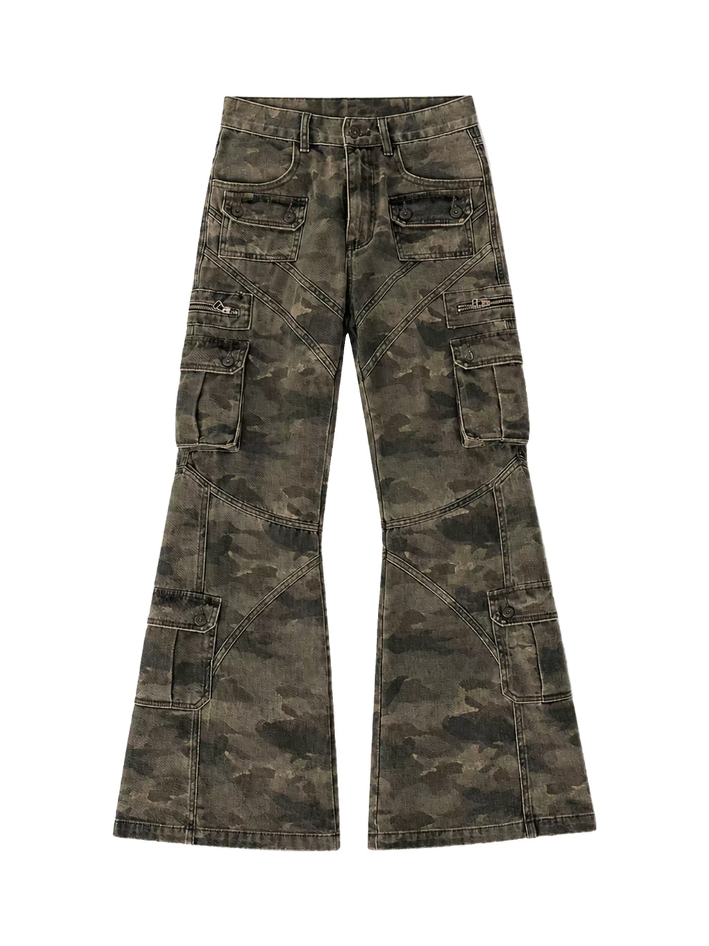 PAIKI Washed Camouflage Multi-Panel Flared Cargo Pants
