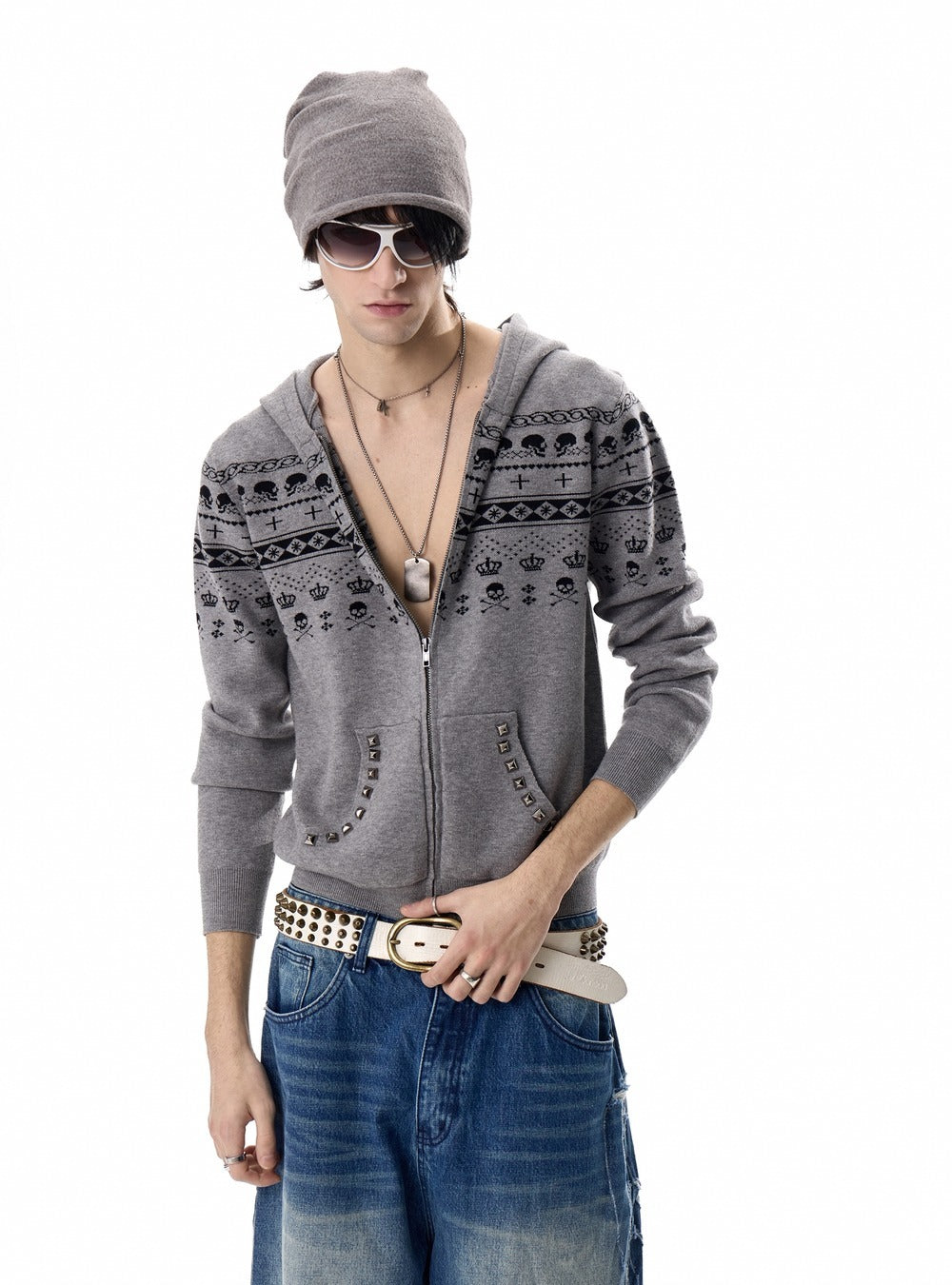 Skull pattern relaxed fit knit cardigan in grey