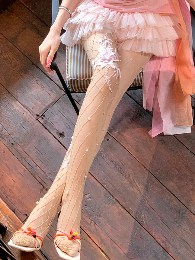 Floral Embroidery Cutout Fishnet Tights