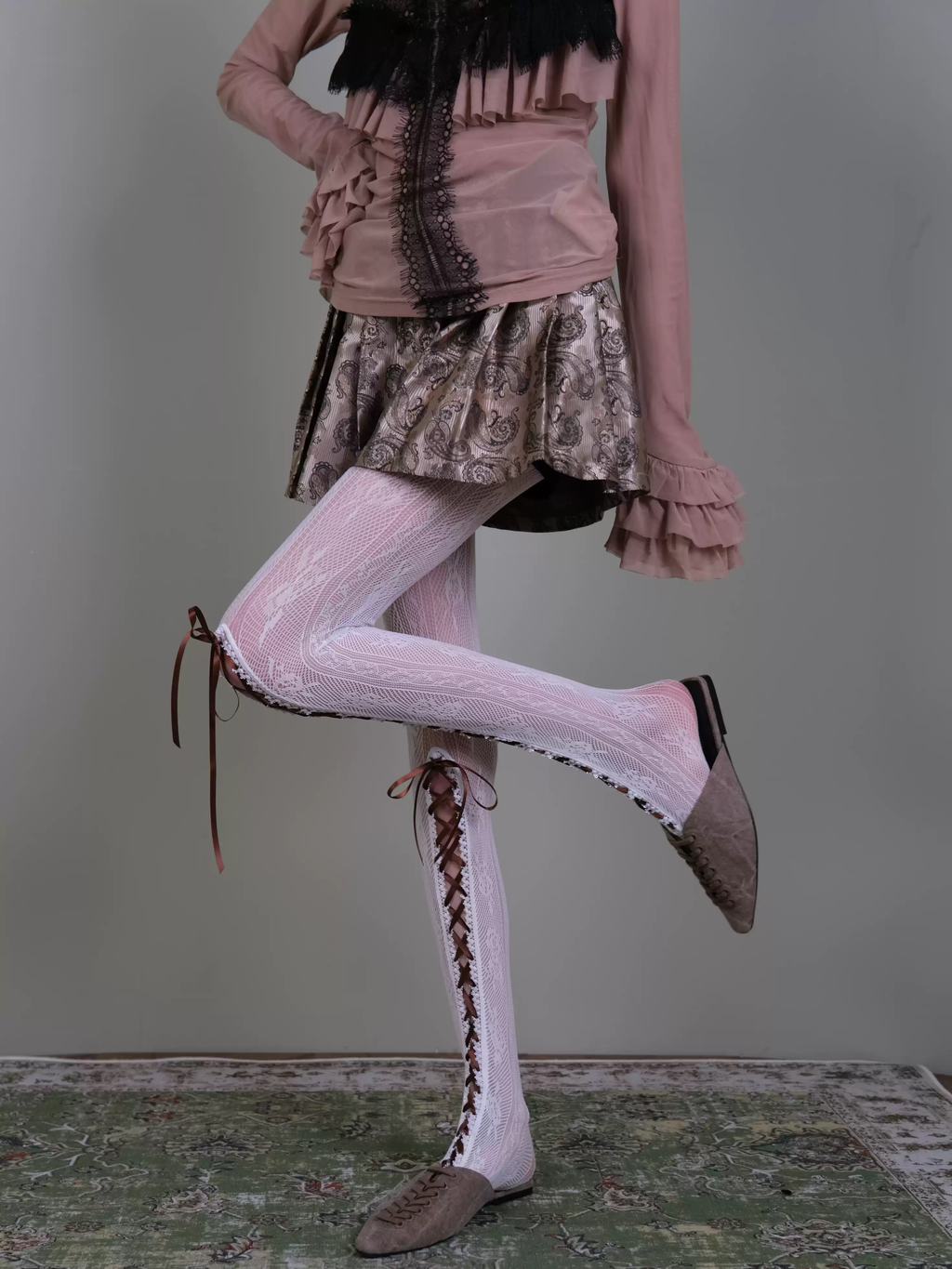 White Lace-Up Tights - Coquette Dark Romance Floral Lace Stockings