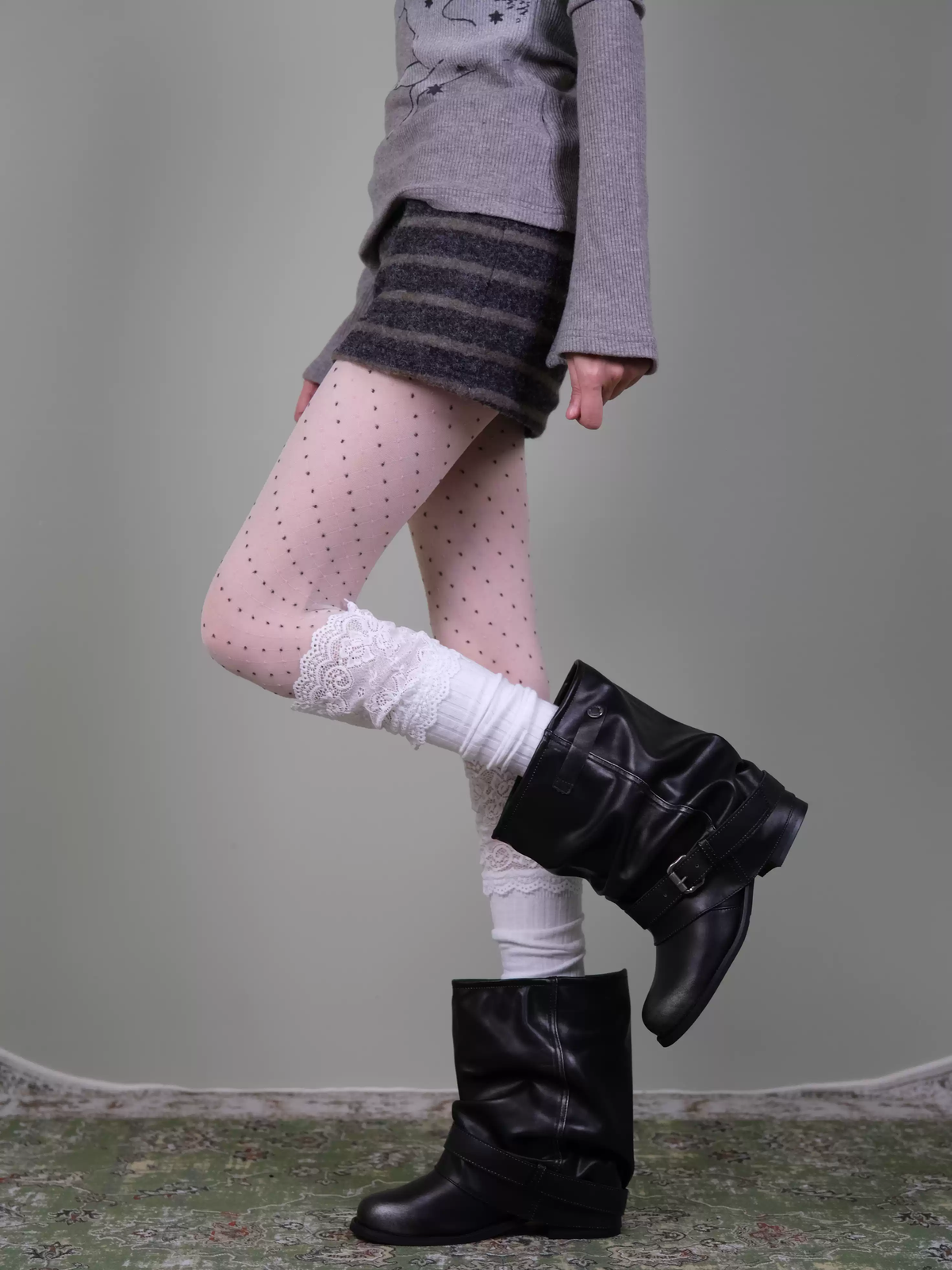 Polka Dot Tights & Ruffle Lace Socks Set - Soft Vintage Coquette Layering Look