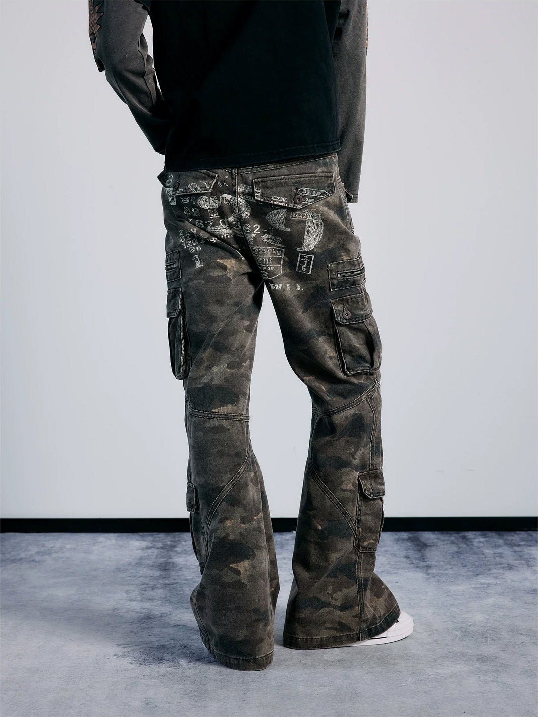PAIKI Washed Camouflage Multi-Panel Flared Cargo Pants