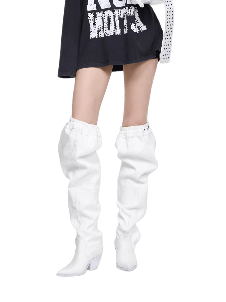 24ANS Slouchy Printed Denim Heeled Boots – Ruched Leg-Lengthening Boots