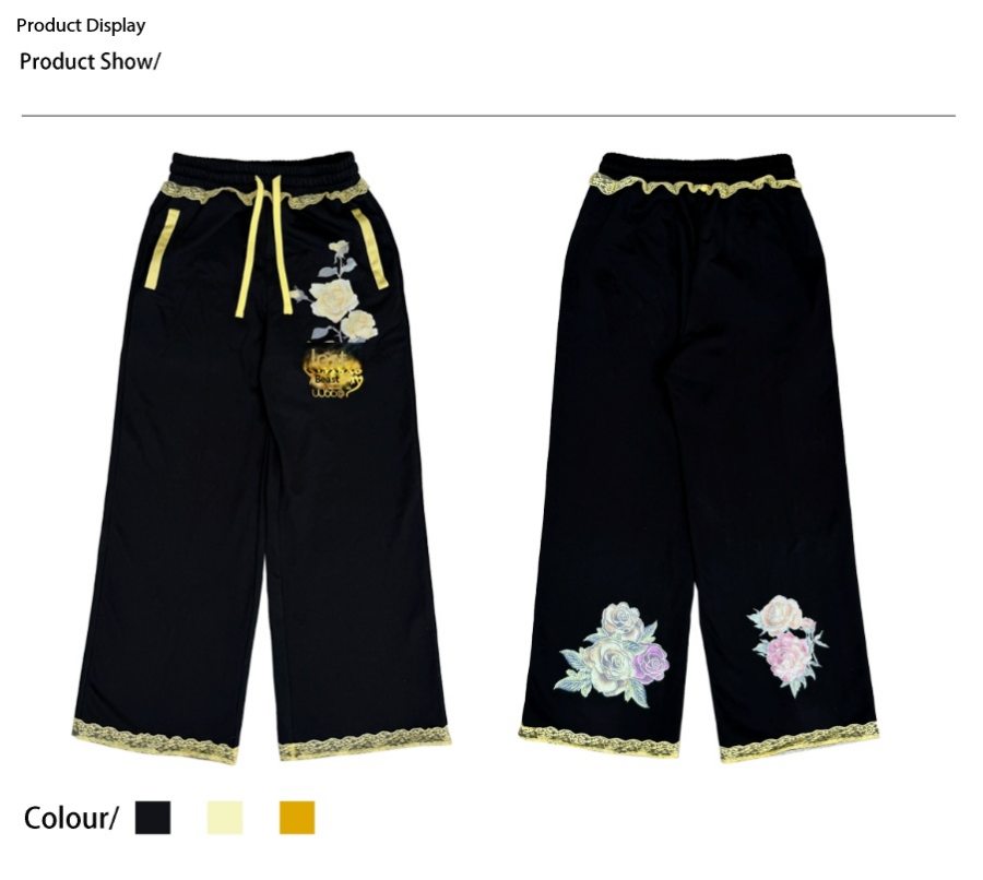 Black Floral Embroidered Sweatpants – "Chai Rebels Destroy" Graphic
