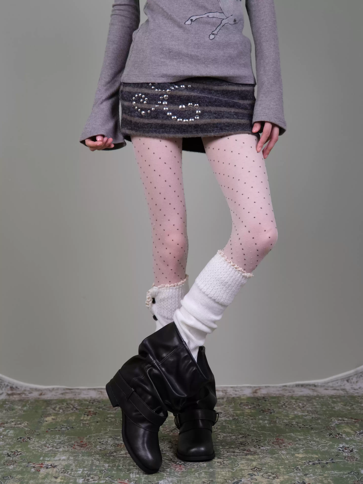 Polka Dot Tights & White Leg Warmers Set - Vintage Coquette Art School Style