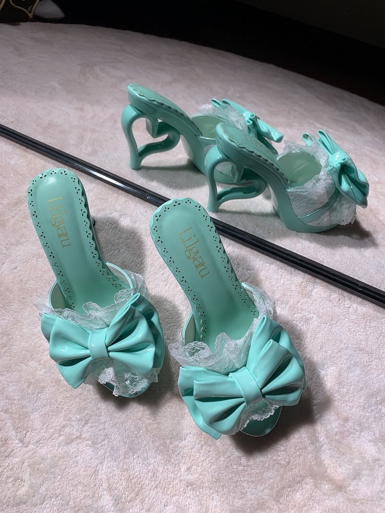 Gyaru Slingback Heels – 9.5cm Heart-Shaped Heel Shoes with Bowknot & Lace in 4 Colors