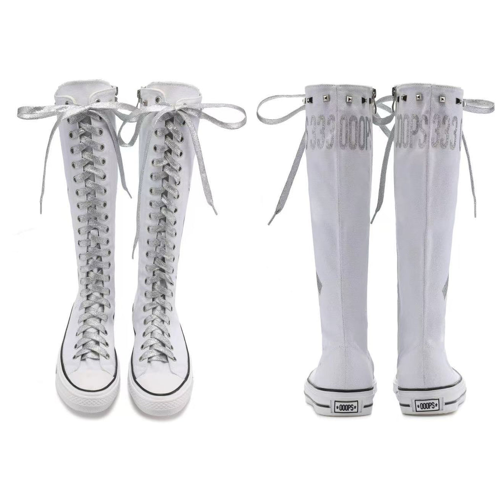 Ooops333 Studded Glitter Canvas Knee-High Lace-Up Boots