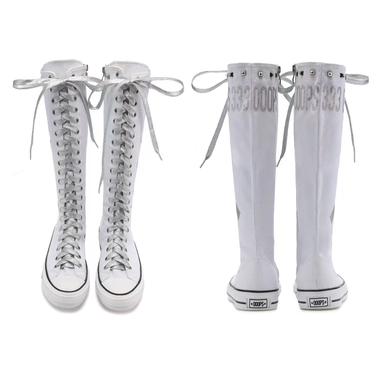 Ooops333 Studded Glitter Canvas Knee-High Lace-Up Boots