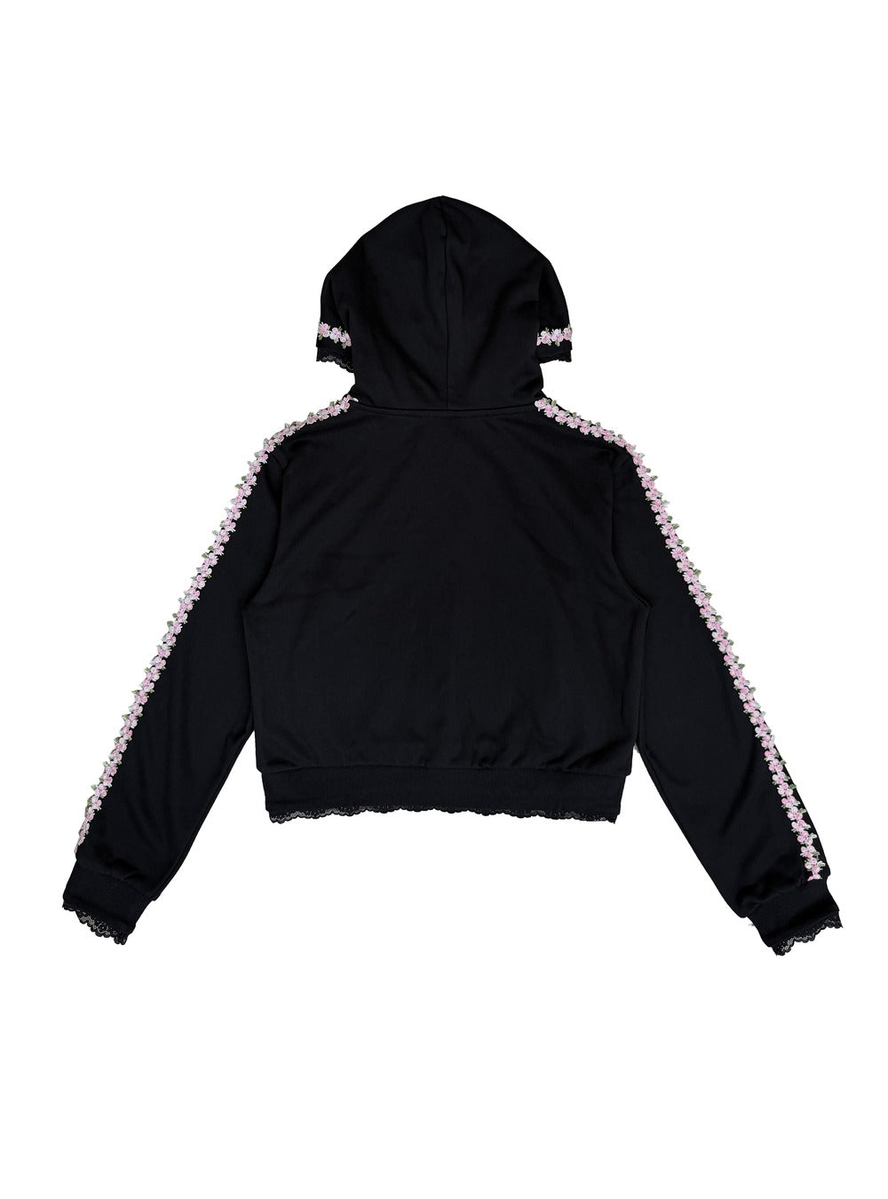 CHAI Floral Sequin Embroidery Cropped Zip-Up Hoodie – Black