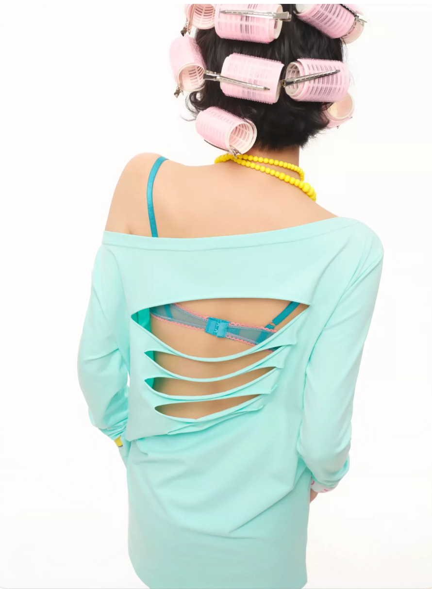 Sivona Pilates Girl Slogan Off-Shoulder Long Sleeve Distressed Loose Top