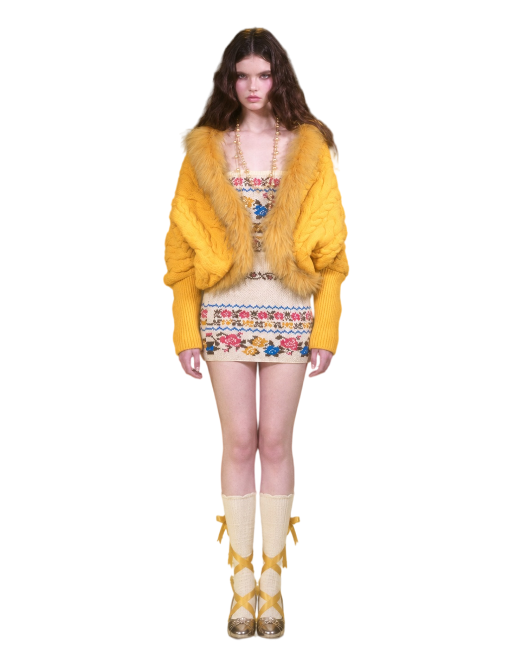 Retro Cable Knit Batwing Wool Cardigan with Fur Trim