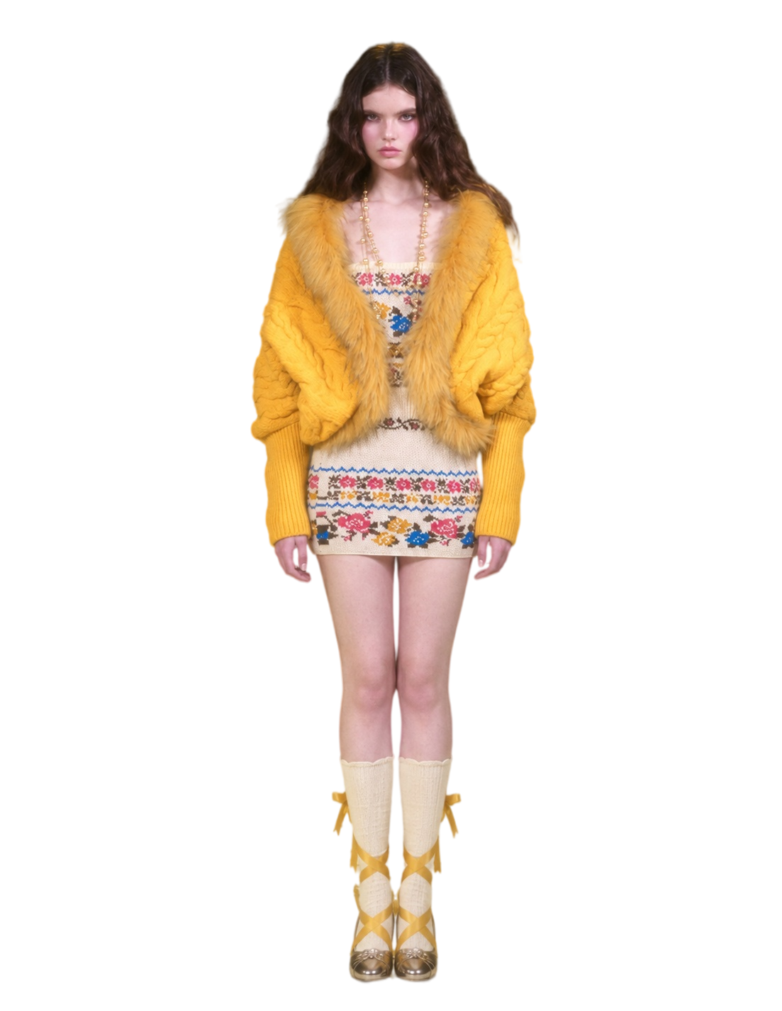 Retro Cable Knit Batwing Wool Cardigan with Fur Trim
