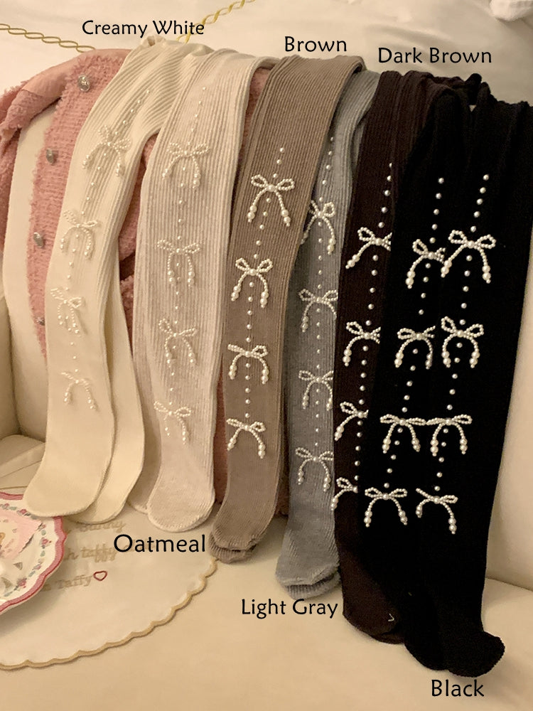 Warm Slim-Fit Tights with Beaded Bowknot Decoration