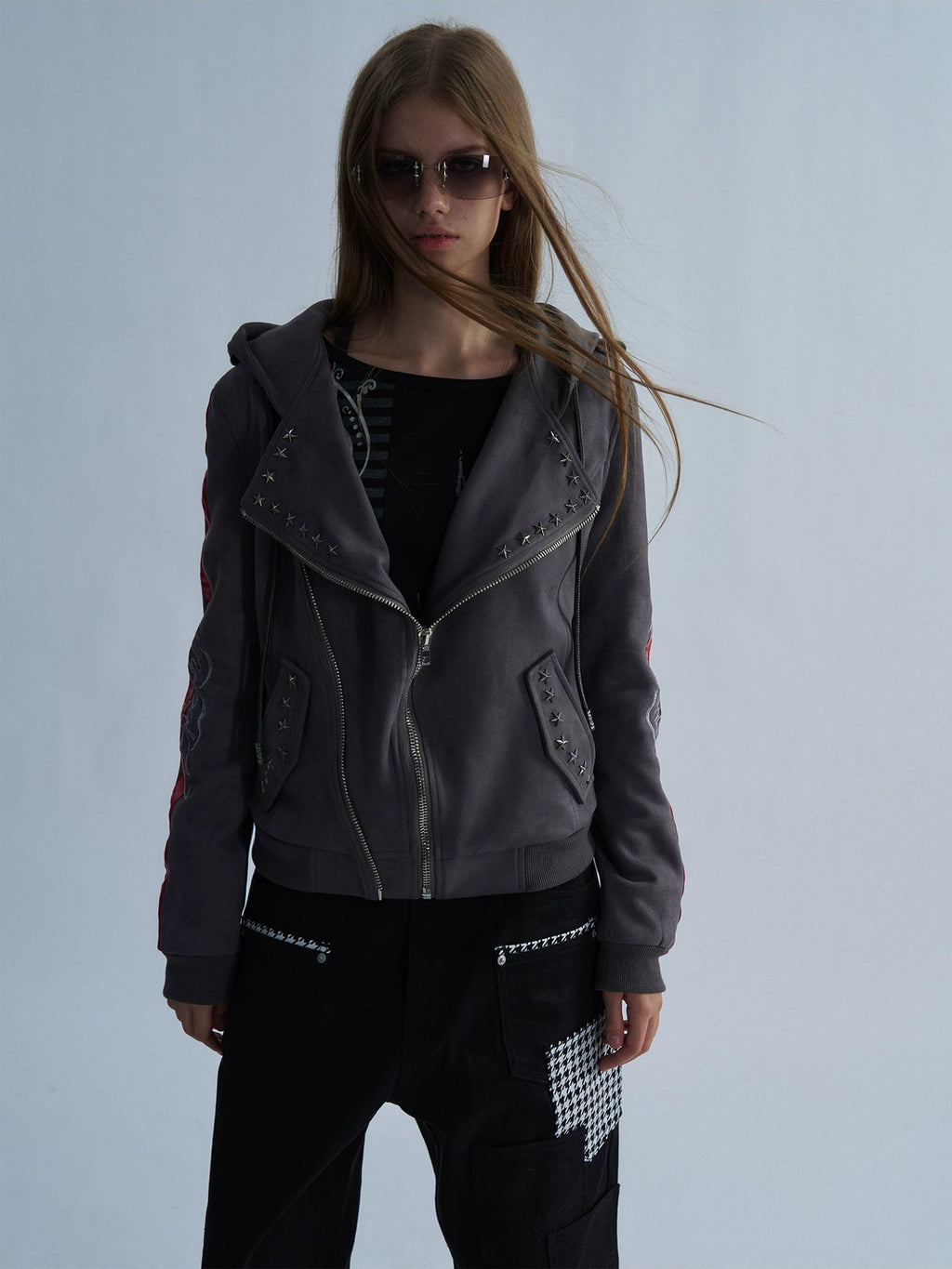 PAIKI Studded Hooded Slim Fit Biker Jacket