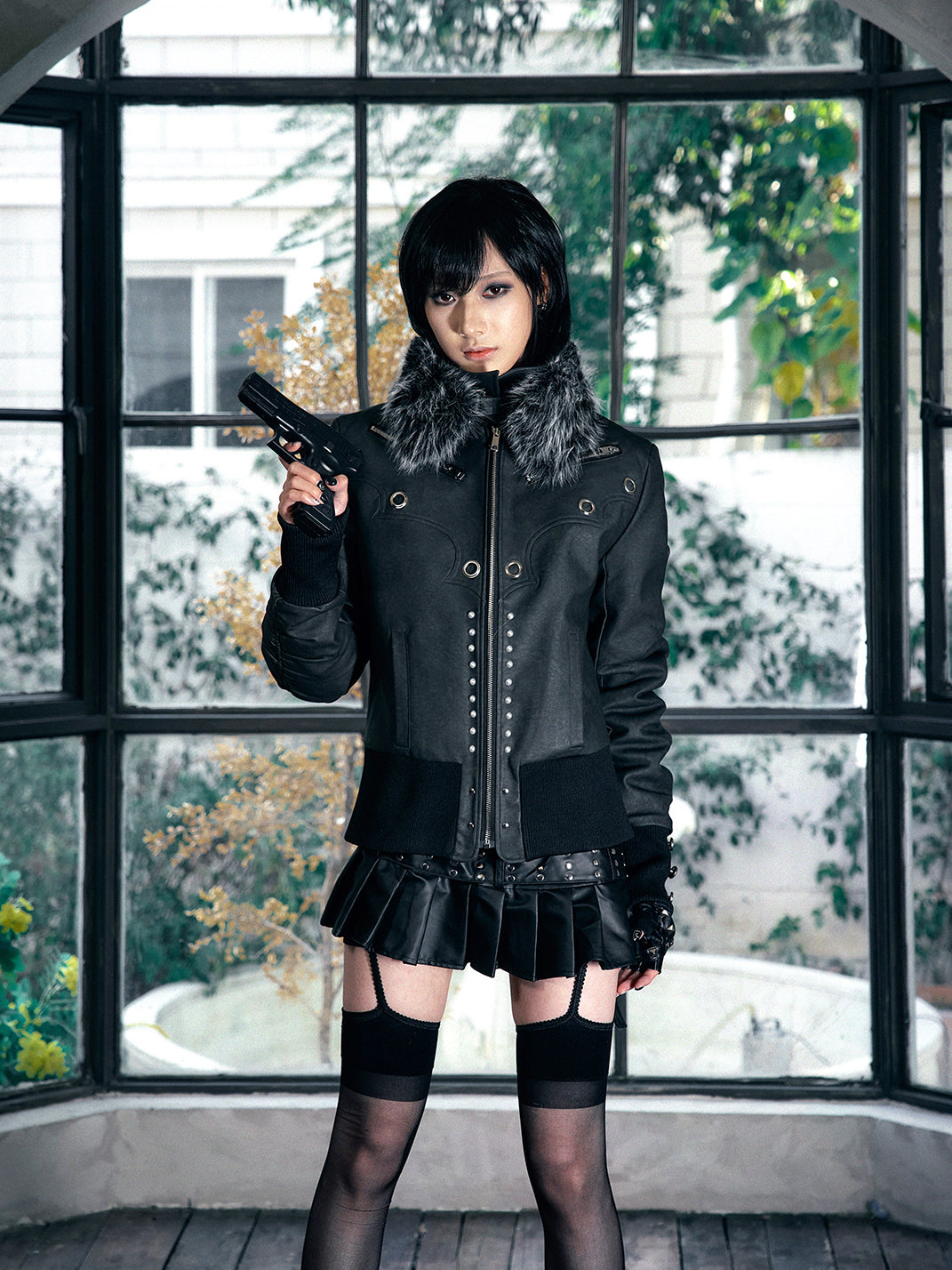 PAIKI Pearl-Washed Leather Jacket with Fur Collar