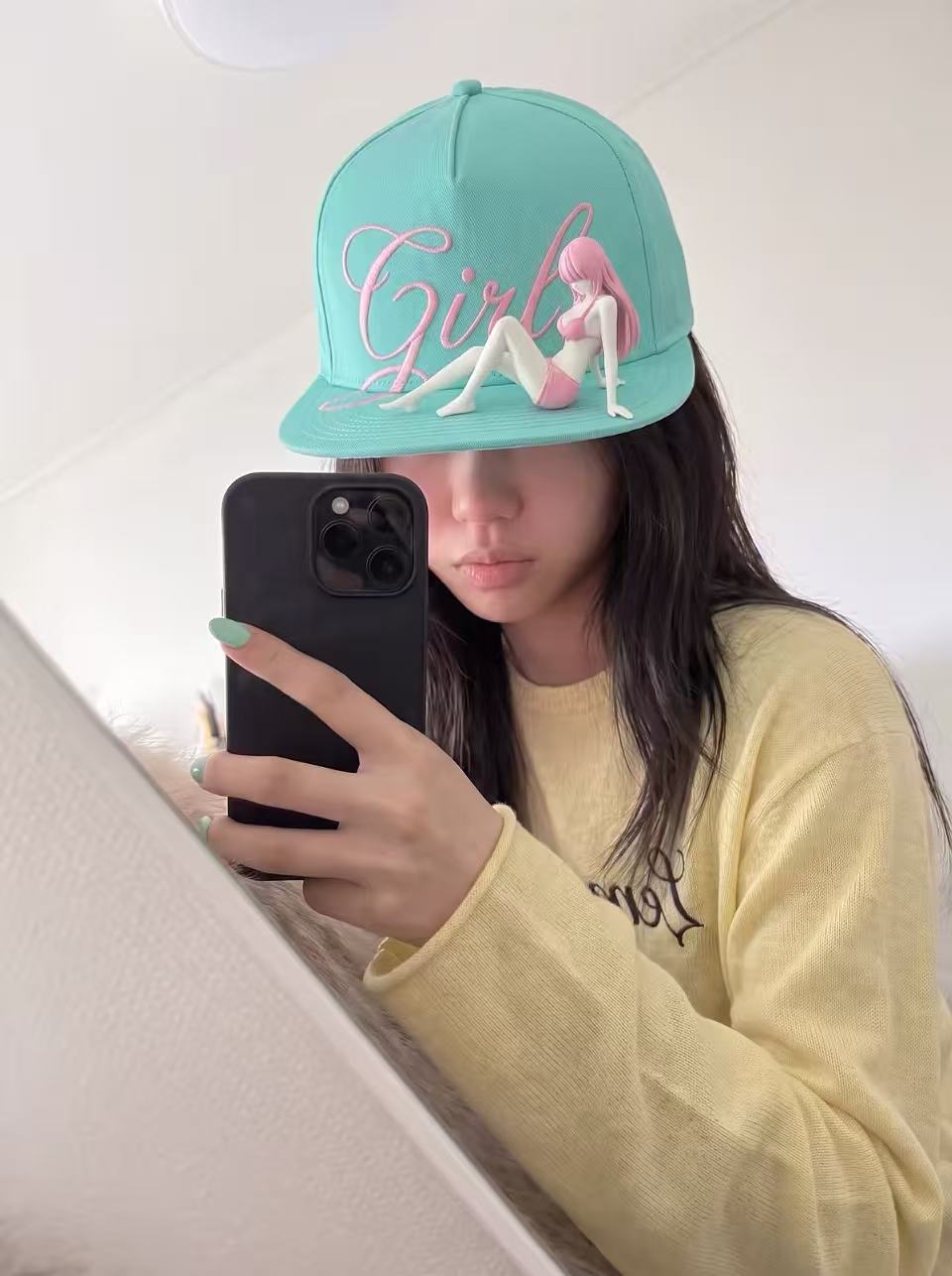 Girl 3D Embroidered Mint Green Flat Brim Cap