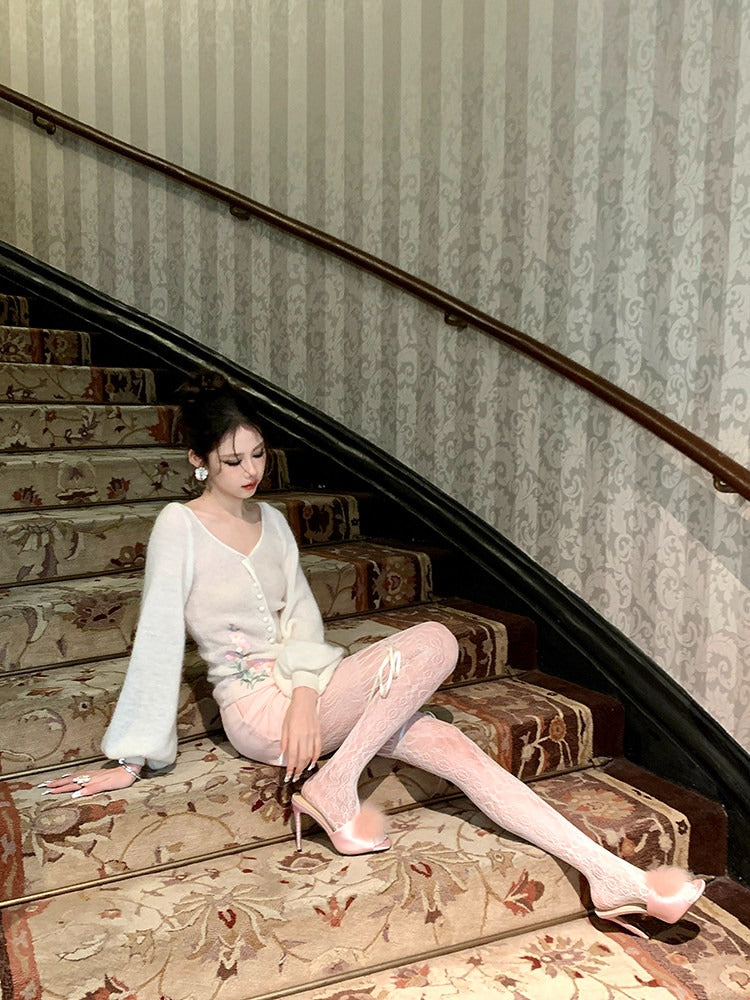 Lace Drawstring Thigh-High Tights with Ribbon Tie