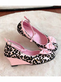 Leopard print gyaru slope heel shoes with pink bow