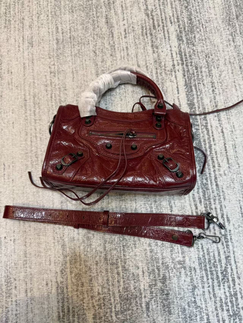 Studded Crinkle Leather Motorcycle Tote City Bag