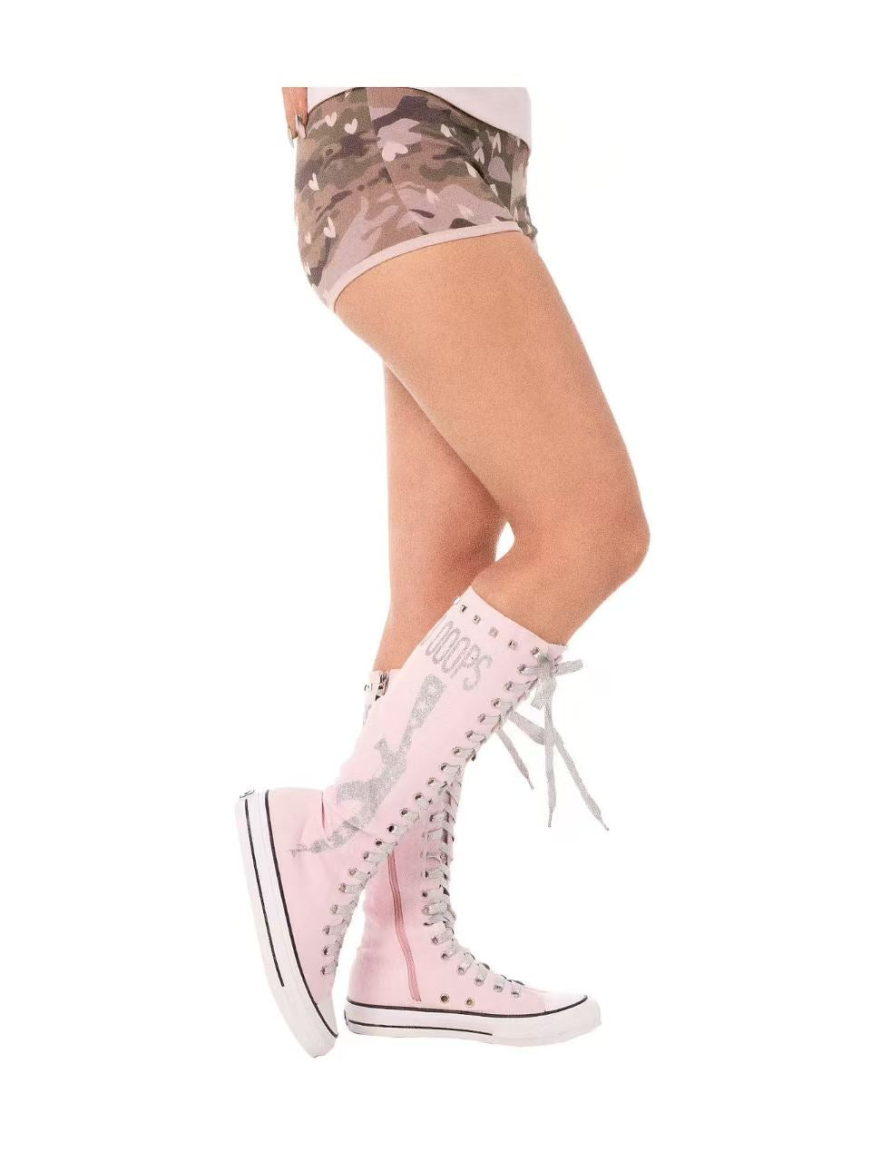 Ooops333 Studded Glitter Canvas Knee-High Lace-Up Boots