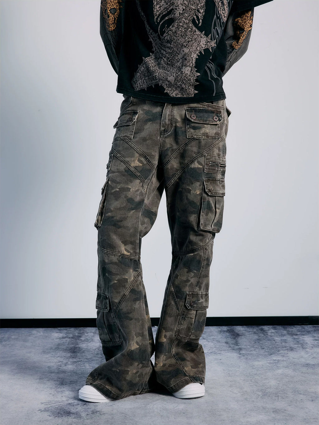 PAIKI Washed Camouflage Multi-Panel Flared Cargo Pants