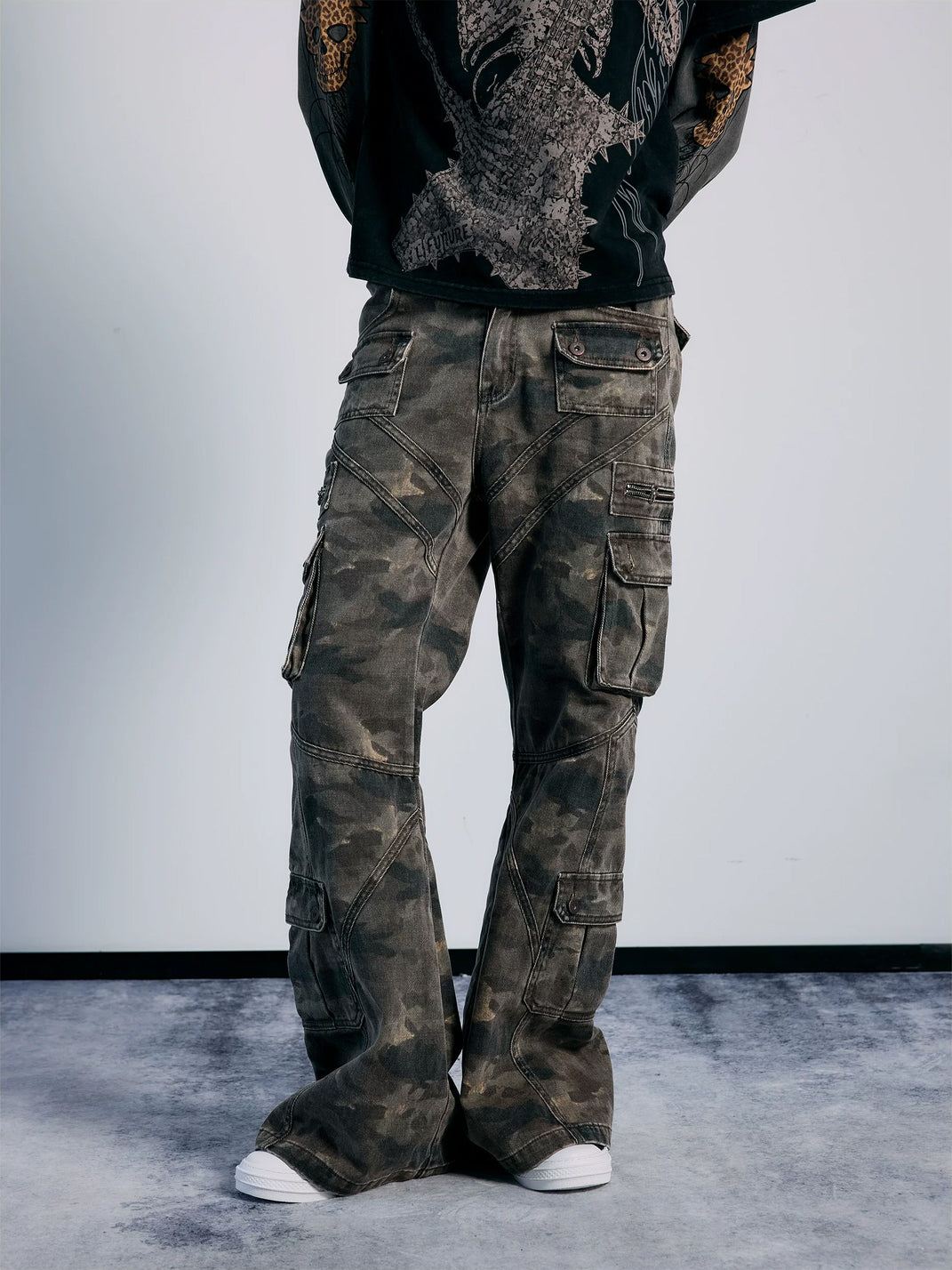 PAIKI Washed Camouflage Multi-Panel Flared Cargo Pants